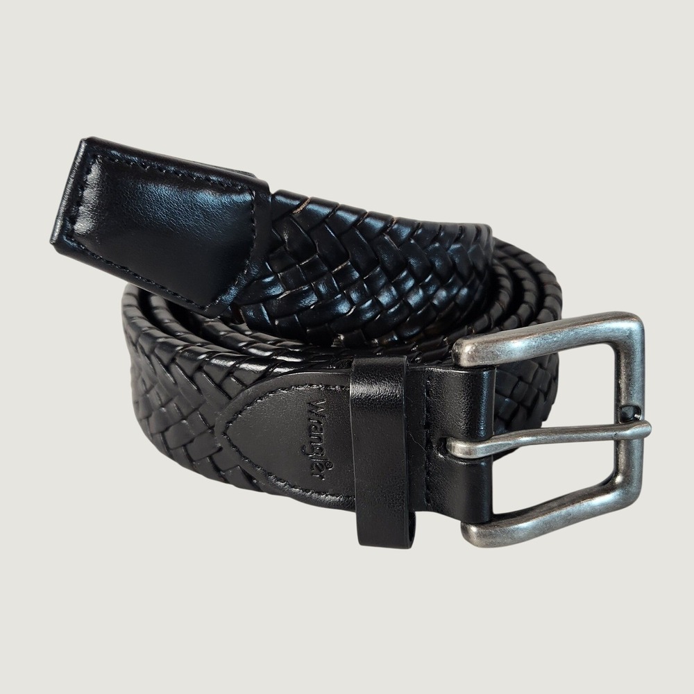 Wrangler Mens 46 Black Braided Bonded Leather Belt Silver Buckle Western EUC